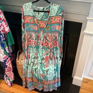 Boho Floral Tie-Front Midi Dress in Mint and Coral